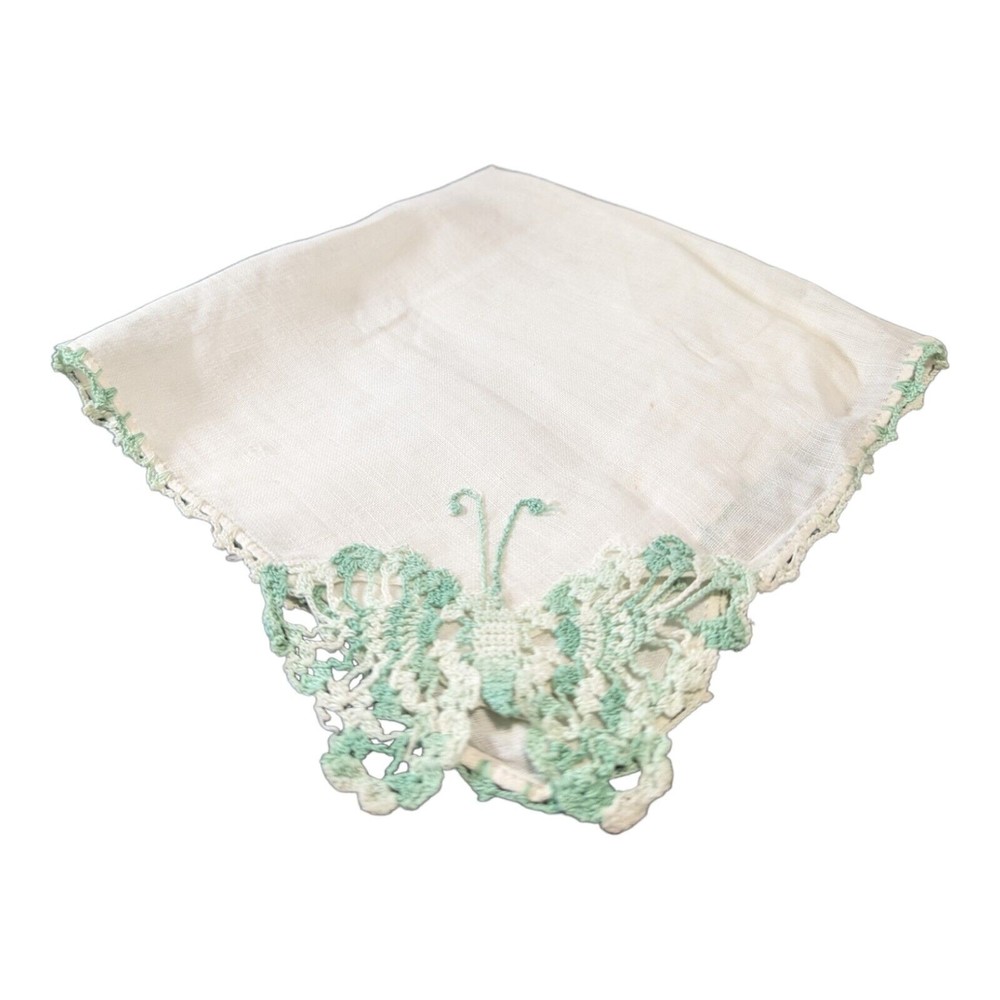 VTG Handkerchief Hand Crochet Butterfly Corner Lace boarder Trim 11" Green Hanky